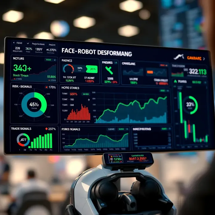 Dashboard displaying forex robot performance metrics, risk management tools, and trade signals
