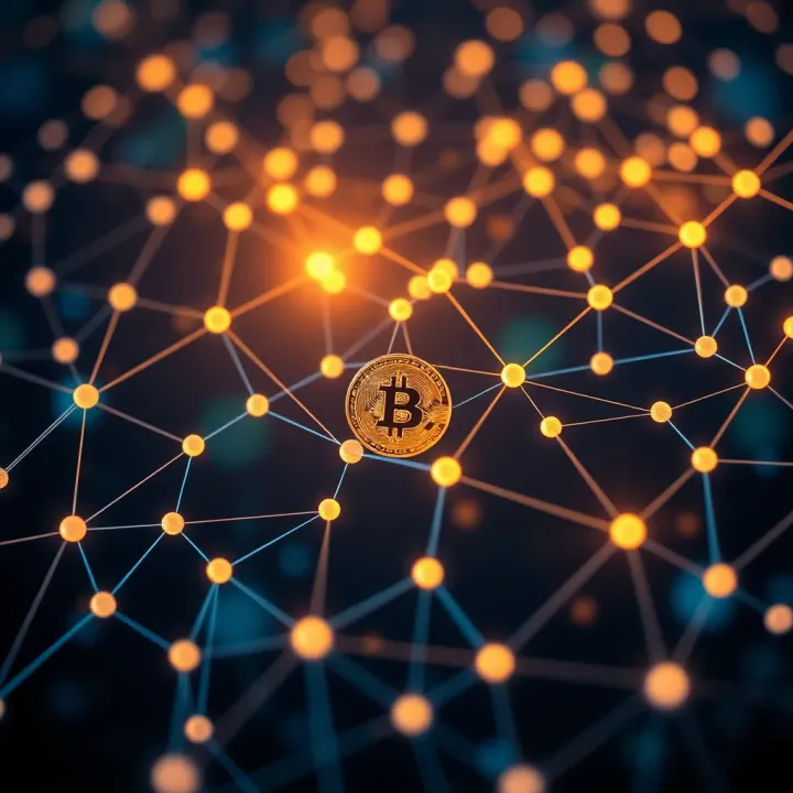 Abstract representation of blockchain network with interconnected nodes highlighting Bitcoin trading community