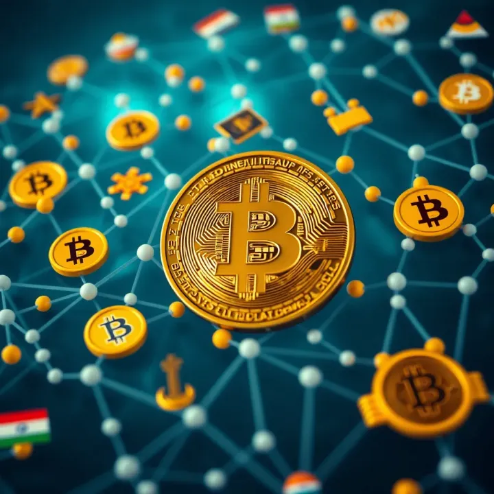 Illustration of blockchain network and institutional logos symbolizing growth in technology and institutional interest in Bitcoin