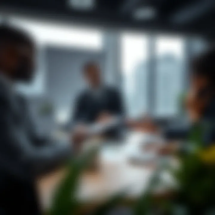 Business professionals analyzing risk factors with charts and data in a modern office setting