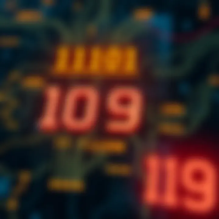 Graphic showing the conversion from a decimal number to its binary equivalent with circuit symbols