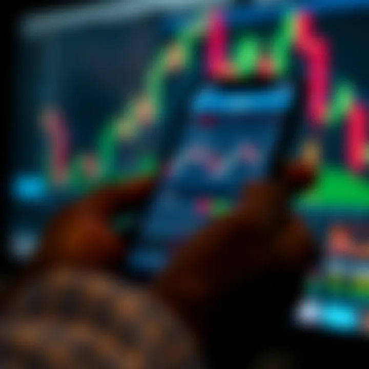 Mobile device displaying a forex trading application interface with charts and currency pairs