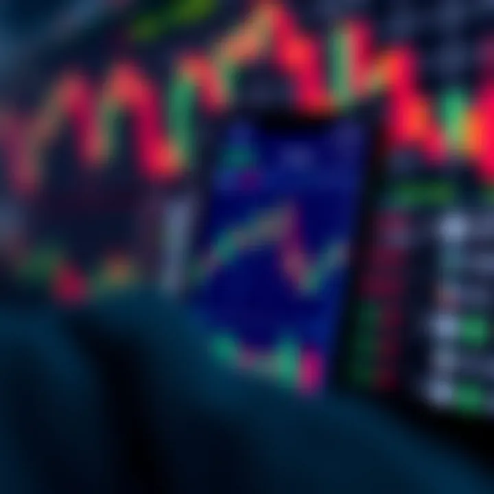 Mobile phone displaying forex trading app with charts and indicators