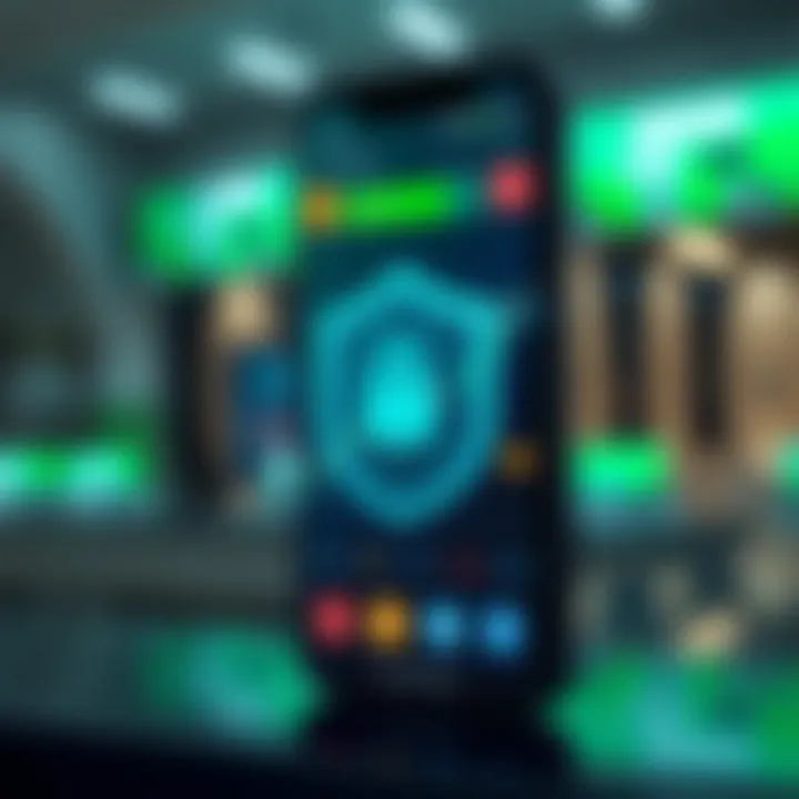 Illustration of security shield overlaying a smartphone representing secure stock trading application