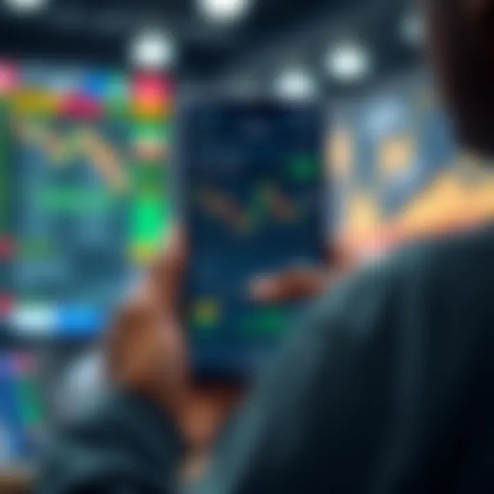 User interacting with a stock trading app on a smartphone showing market charts and investment options