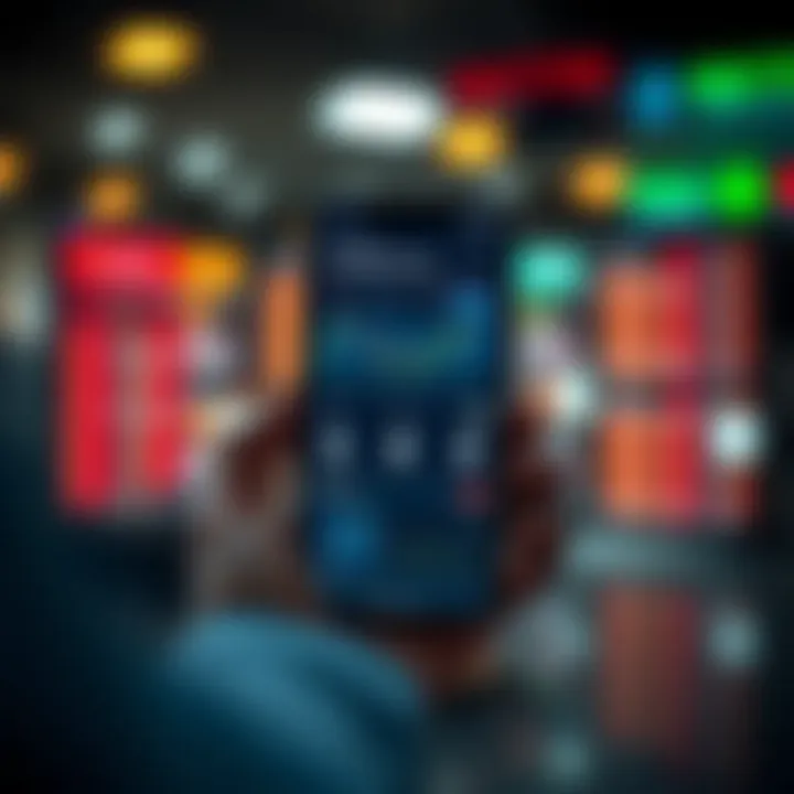 Illustration of a smartphone displaying a variety of trading app features including charts, security icons, and user interface elements