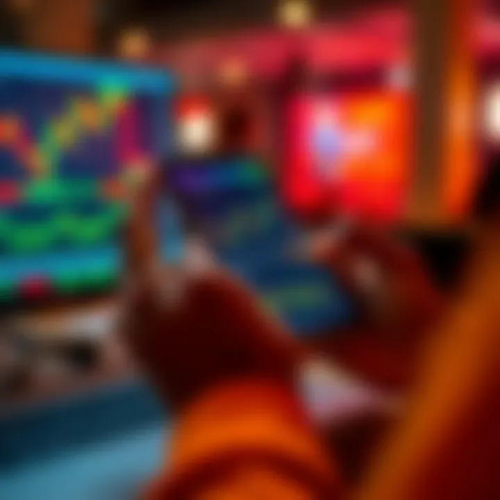 User interacting with a financial trading app interface displaying charts and market trends on a mobile device