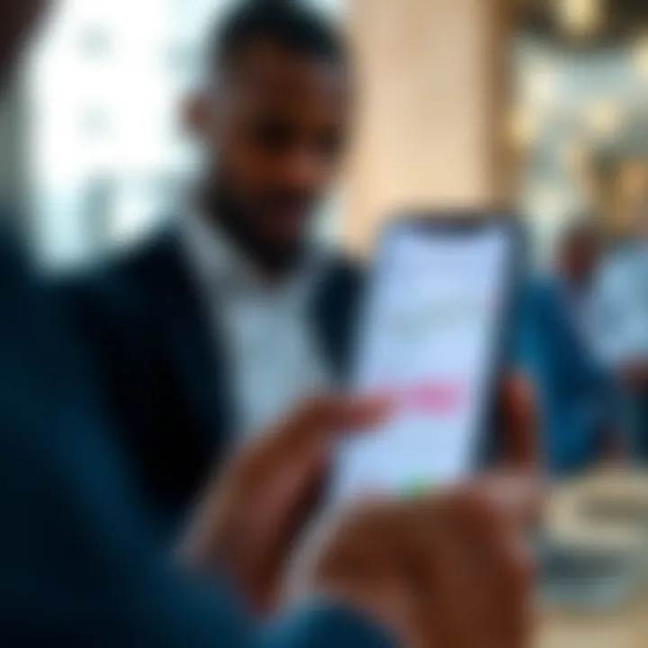 User interacting with a modern trading application interface on a smartphone displaying stock charts and market data