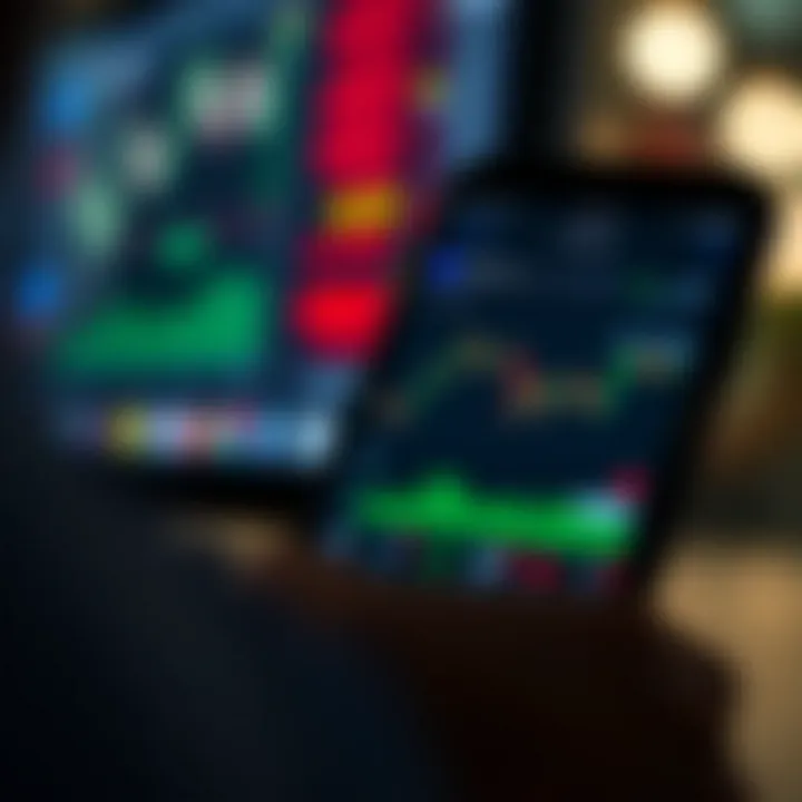 Mobile device displaying a trading app interface with charts and stock information