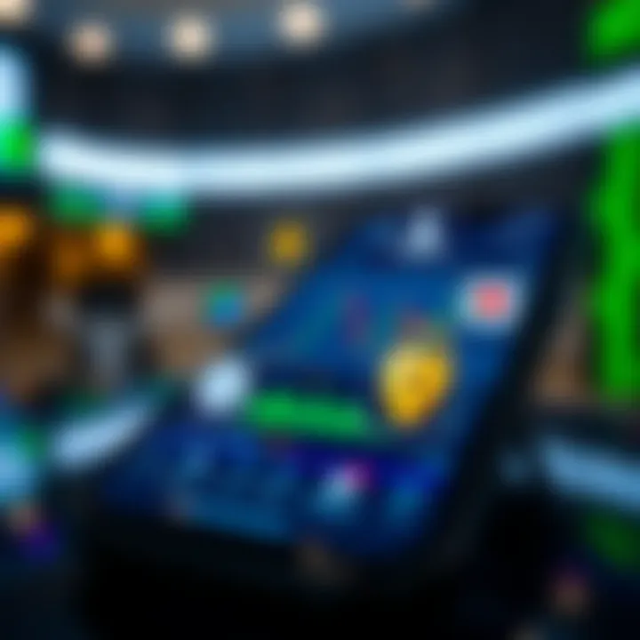 Mobile device with financial analysis tools and security icons representing safe forex trading