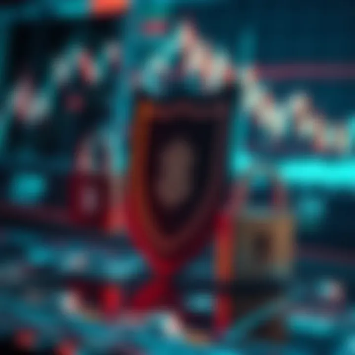 Graphical representation of cybersecurity elements including shield and locks over a digital trading interface