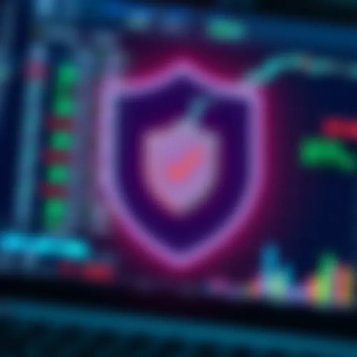 Secure shield icon overlaying a computer screen showing forex platform with compliance checkmarks