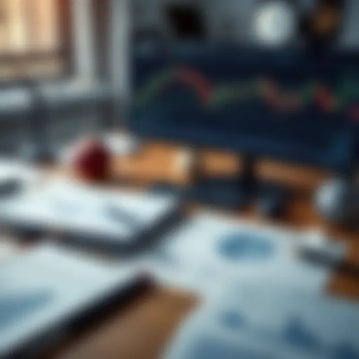 Creative workspace featuring notes and charts focused on crafting impactful social media captions for forex trading