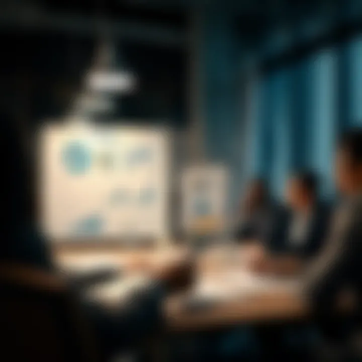 Business strategy meeting with financial charts and risk assessment diagrams
