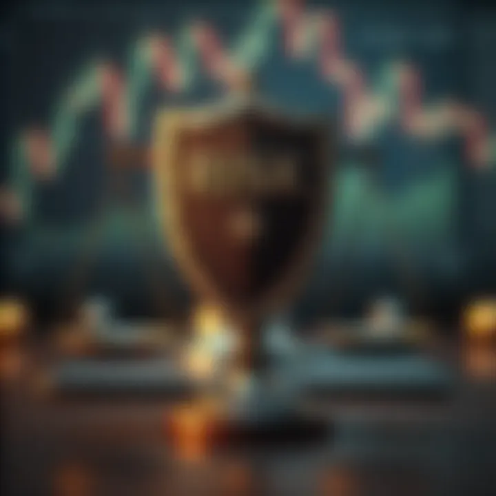 Conceptual illustration of risk management with protective shields and balanced scales