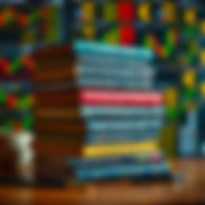 Collection of forex trading books stacked with charts and currency signs in the background