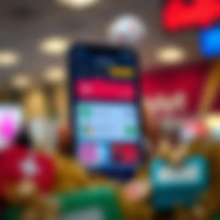 Illustration showing a mobile phone screen with various gift card options and trading features