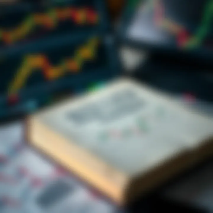Close-up of a forex trading book alongside charts and graphs depicting market trends