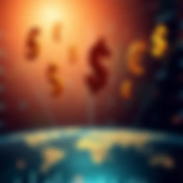 Currency symbols floating above a digital world map representing global forex market connectivity