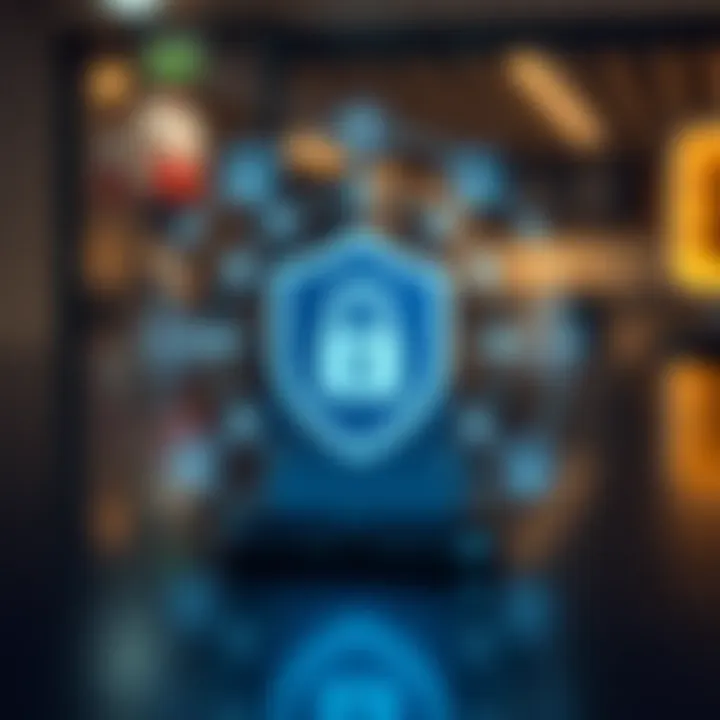 Illustration of digital security symbols such as a shield and lock surrounding a smartphone