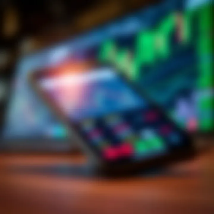 Mobile phone screen displaying a trading app interface with stock prices and charts