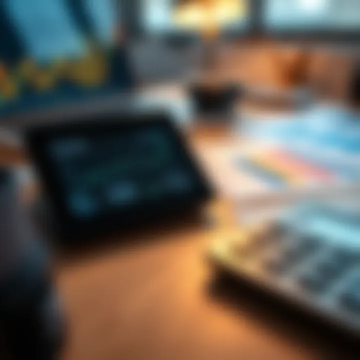 Business workspace with charts and calculator displaying risk analysis results