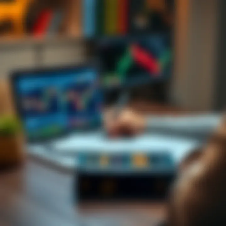 Practical Forex Trading Education and Analysis Person analyzing forex market data on a laptop with notes and a forex trading book