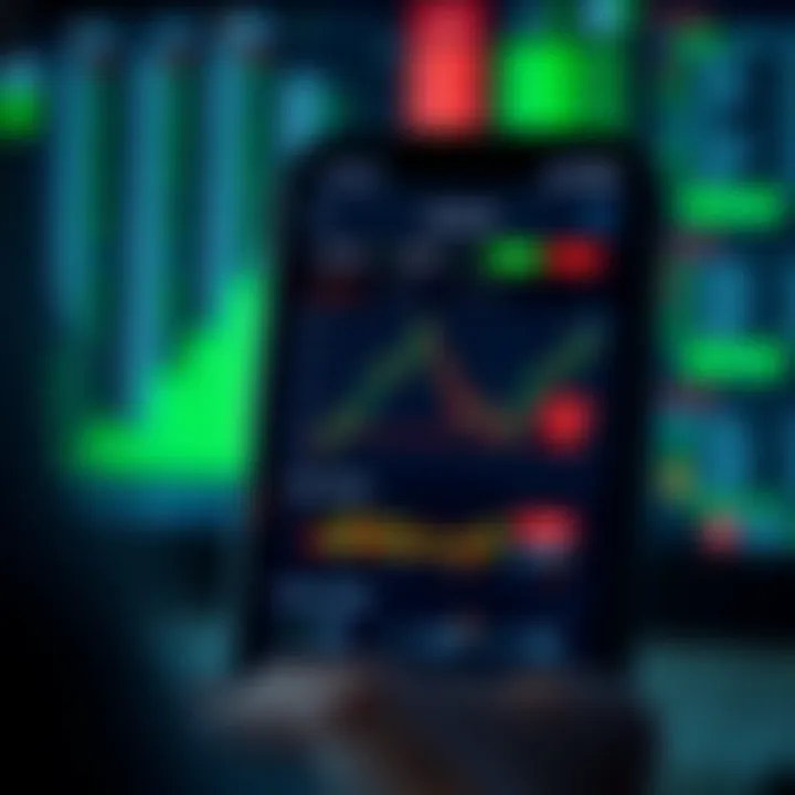 Mobile phone screen showing a cryptocurrency trading app interface with charts and trading options
