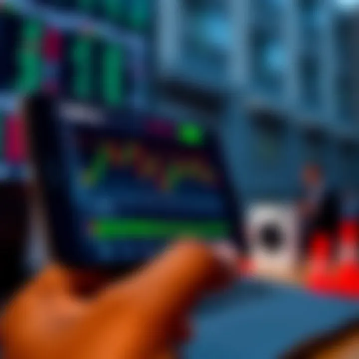 Mobile device displaying a forex trading app interface with charts and currency pairs