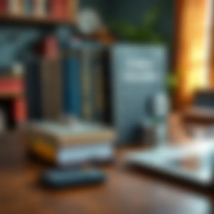 Collection of forex trading books arranged on a wooden desk with a calculator and laptop