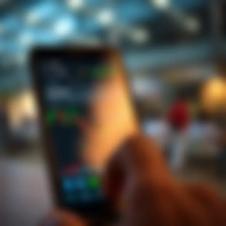 Illustration of a mobile device with forex trading app displaying currency pairs and market data