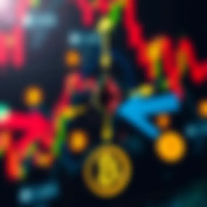 Cryptocurrency symbols connected by arrows showing price differences across exchanges