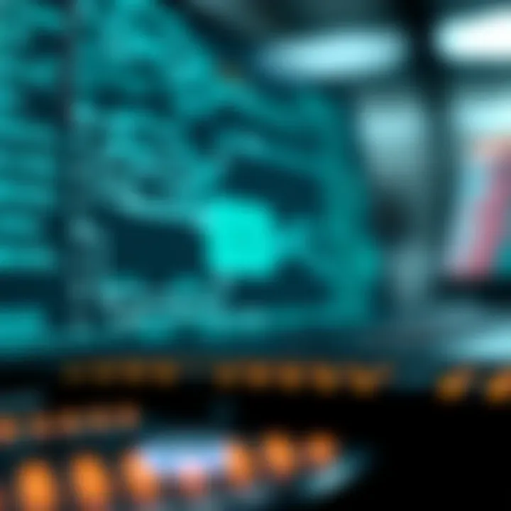 Diagram showing binary's application in computing with symbols representing data flow and logic circuits