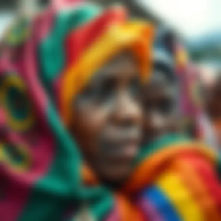Colorful Nigerian cultural fabrics intertwined with non-binary pride colors representing diversity and identity