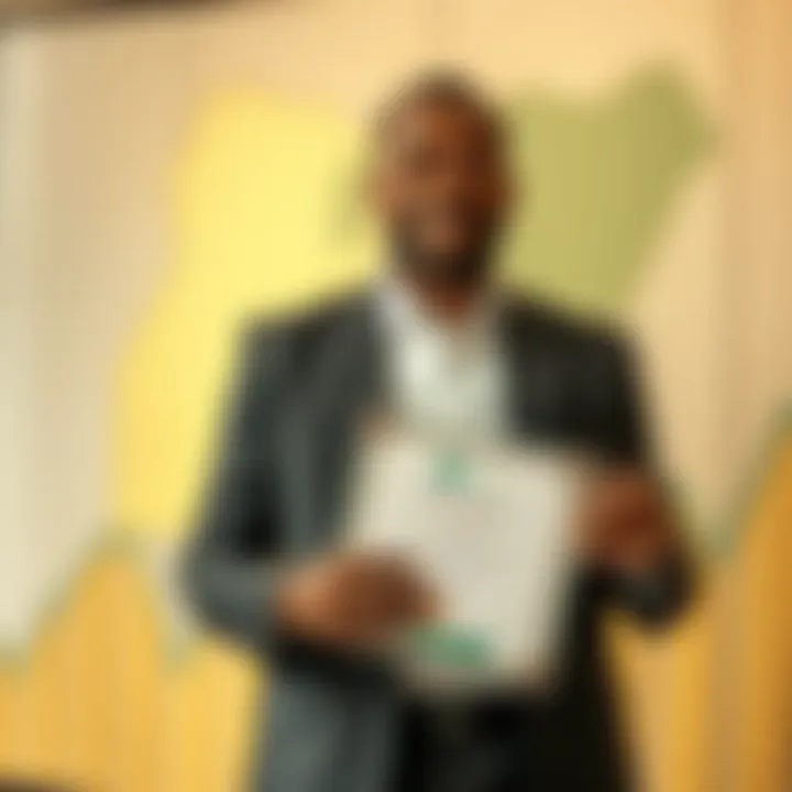 Graphic illustrating a professional receiving a certification with Nigerian economic symbols in the background
