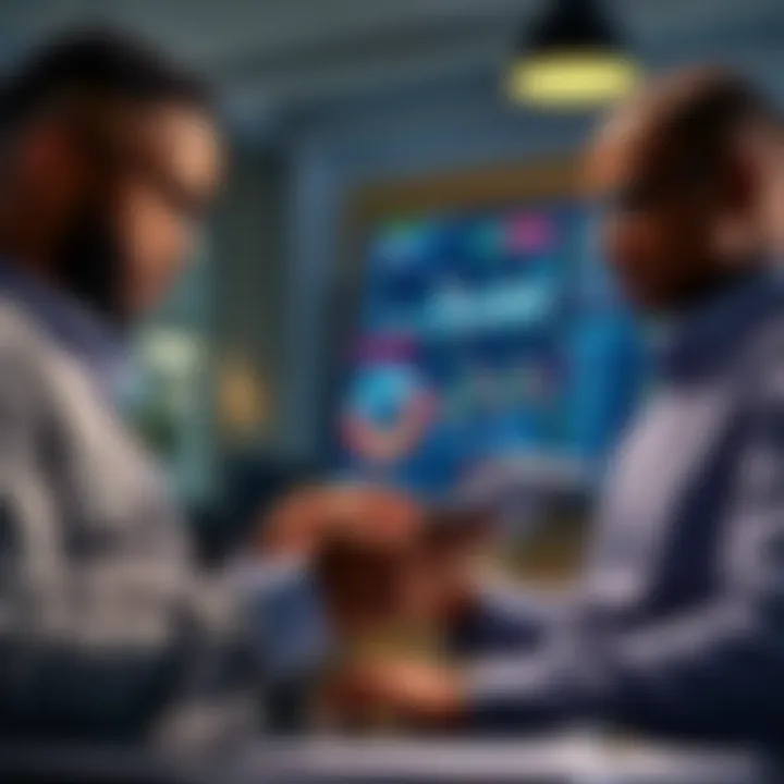 Business professionals analyzing financial charts and risk data on a digital tablet in an office