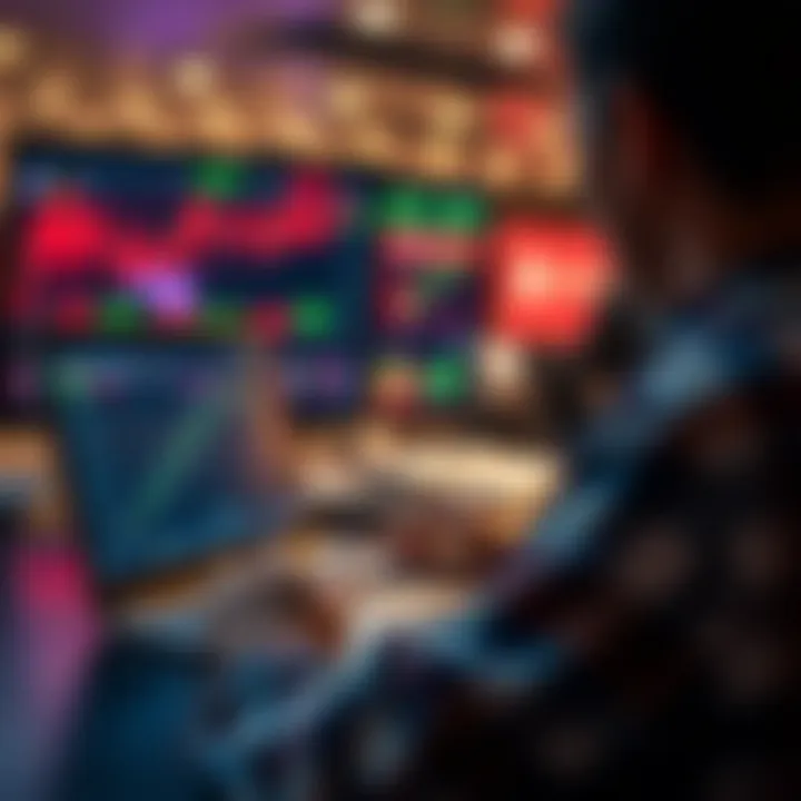 Person watching educational forex video on laptop with currency symbols and graphs on screen