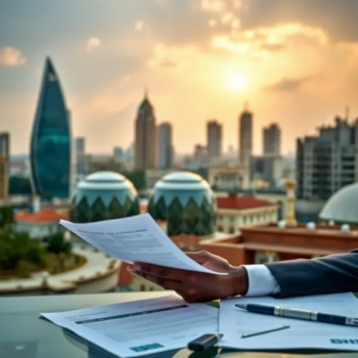 Professional reviewing risk management certification documents with Nigerian city skyline in background