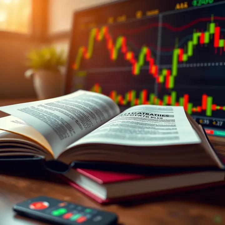 Open book on forex trading strategies with financial charts in the background