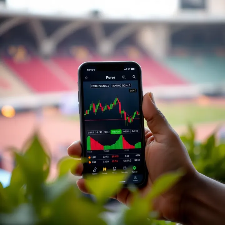 Mobile phone screen displaying forex trading signals with charts and currency pairs