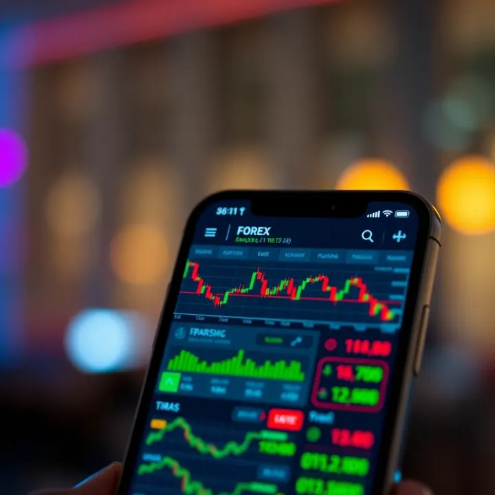Smartphone screen displaying forex trading app interface with currency charts and real-time market data