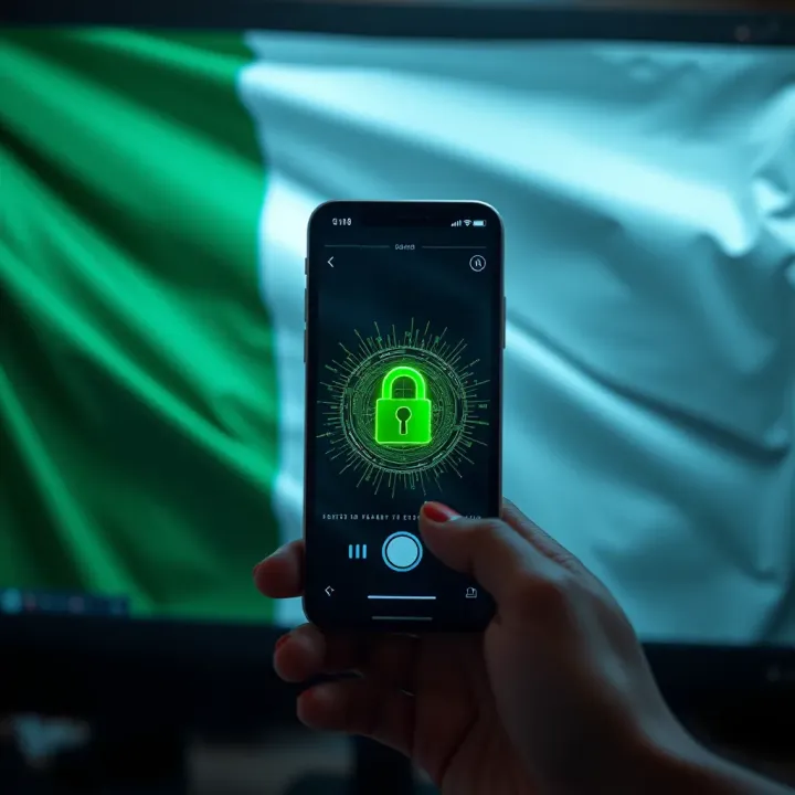 Enhancing Security in Mobile Forex Trading for Nigerian Traders Secure mobile forex trading concept with digital lock overlay and Nigerian flag in background