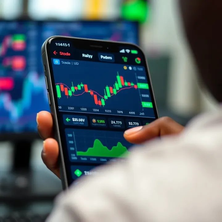 User interface displaying stock market charts and trading options on a mobile device