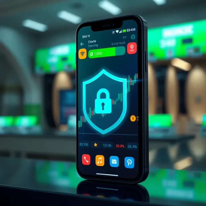 Illustration of security shield overlaying a smartphone representing secure stock trading application