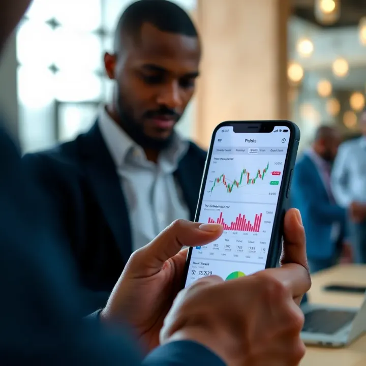 User interacting with a modern trading application interface on a smartphone displaying stock charts and market data