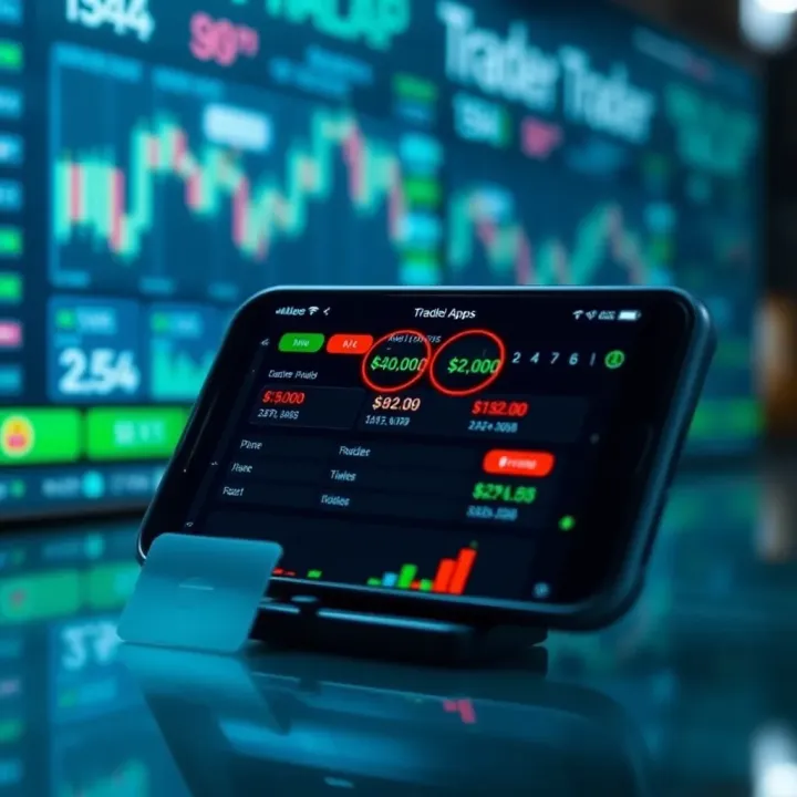 Mobile phone displaying a secure trading app interface with graphs and market data