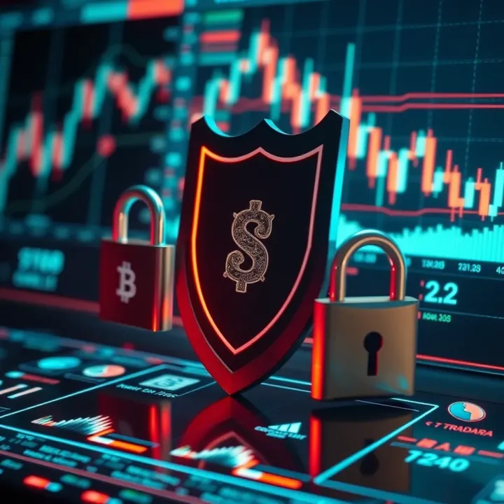 Graphical representation of cybersecurity elements including shield and locks over a digital trading interface