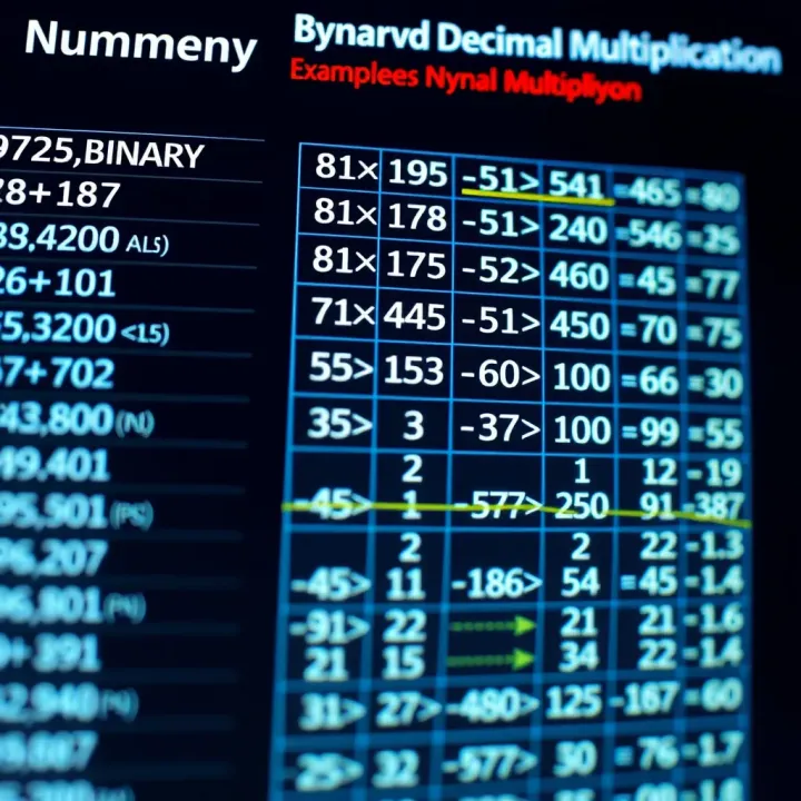 Chart comparing binary multiplication to decimal multiplication with examples and explanations