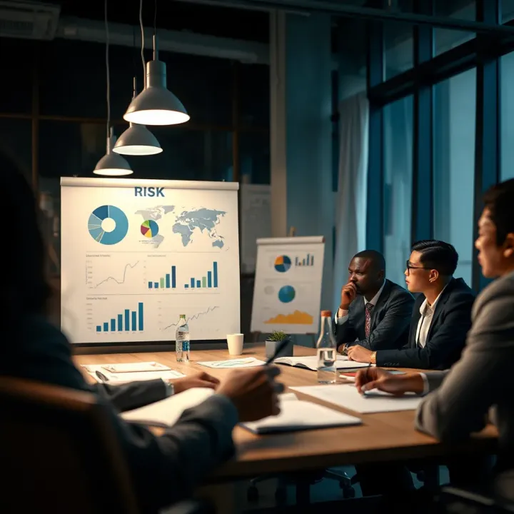 Business strategy meeting with financial charts and risk assessment diagrams