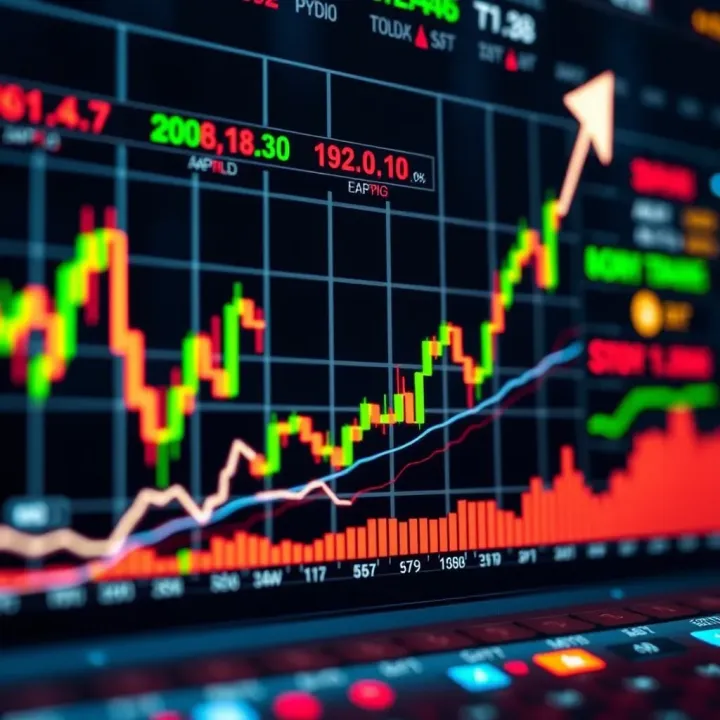 Graph showing upward trend with financial charts and binary options symbols